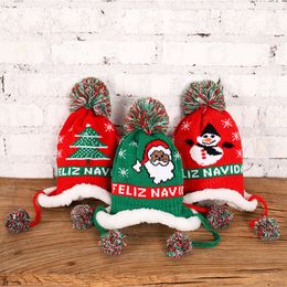 Fashion Soft Knitted Cartoon Kid Christmas Caps with Pompom Cotton Baby Girl Hats Printted Tree Santa Claus Newborn Bonnet Gifts