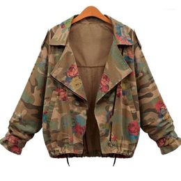 Women's Jackets Women's Wholesale- Fashion Autumn Winter Women Camouflage Jacket Army Green Long Sleeve Slim Denim Zipper Flower Print