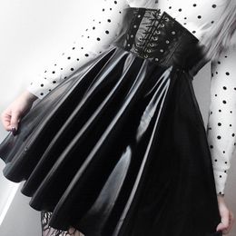 SUCHCUTE Women's Skirts Gothic Harajuku Bandage Faux Leather Korean Fashion Black Mini Pleated Skirts Summer Party Pu Saias 210309