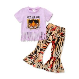 Wholesale Designer Baby Girl Boutique Clothes White Short Sleeve Tiger Tassel Shirt Leopard Bell-bottomed Pants Children Sets Kids Outfit