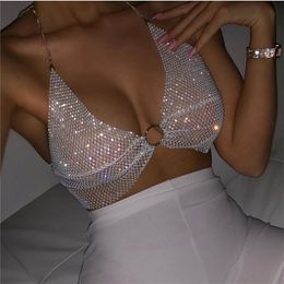 Sexy black White Summer crop top women festival Beach club outfits Party tank top t shirt woman Halter Rhinestones tops topy Hot 210308