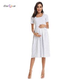 Womens Striped Loose Ruched Pleat Short Sleeve Maternity Dress Maternity Clothes Baby Shower Pregnancy Dresses Mama Summer Dress G220309