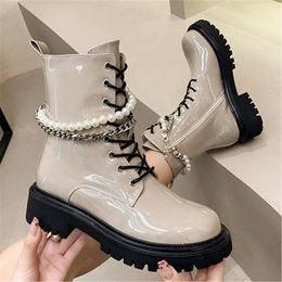 Boots Autumn 2022 Ankle Women Fashion Pearl Chunky Sneakers Non Slip Platform Leather Shoes Female Wedges Chain Booties Black