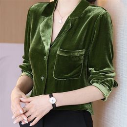 Fashion Design Office Lady Velvet Blouse High Quality Front Single Breasted Open Button Velvet Casual Blouse Shirt 210225