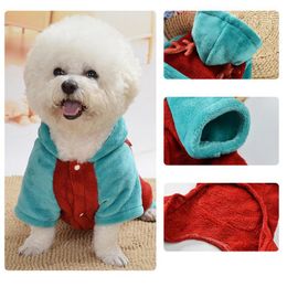 Dog Apparel Pet Double Sided Flannel Hooded Jumpsuit For Cold Weather 4 Legged Button Long Sleeve Coat Christmas