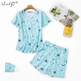 Summer Women Comfortable Cute Pajama Set Girl Print Pyjama Set Short Sleeve Sleepwear Suit Women Nightshirt Sets 210622