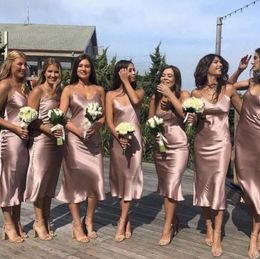 Dust Pink Tea Length Bridesmaid Dresses Satin Sleeveless Spring Summer Garden Wedding Guest Maid of Honour Gowns Custom Made Plus Size