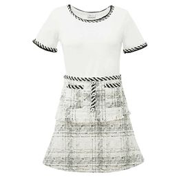 PERHAPS U White Black O Neck Short Sleeve Top Empire Button Tweed Mini Skirt Two Piece Set Summer Women Small Fragrance T0133 210529