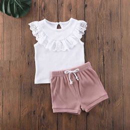 2021 New Girls Set Summer Suit Lace Sleeveless Top+Short 2Pcs Kids Clothing Children's Clothing Girl Clothing Costume For Girls X0902