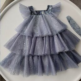 Summer Girls Clothes Chiffon Sequins Baby Girls Dress Kids Dresses Layered Children Dress 3-7Y Q0716
