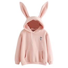 QRWR Autumn Winter Women Hoodies Kawaii Rabbit Ears Fashion Hoody Casual Solid Colour Warm Sweatshirt For 210805