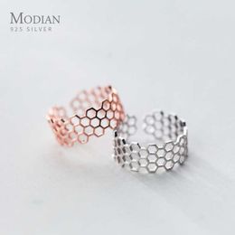 Geometric Honeycomb Open Adjustable Finger Ring for Women Fashion 925 Sterling Silver Rose Gold Colour Fine Jewellery 210707