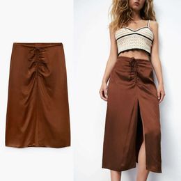 Za High Waist Ruched Midi Skirt Women Vintage Elastic Waist Draped Summer Skirt Chic Front Slit Woman Elegant Satin Skirts 210602