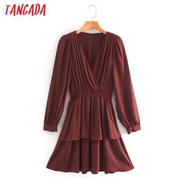 Tangada Fashion Women Wine Red Shirt Dress Long Sleeve V Neck Sexy Ruffles Short Dress 2W19 210609