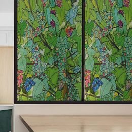 Window Stickers Static Cling Film Frosted Light-transparent Opaque Privacy Stained Glass Sticker Home Decor 3D Print Green Leaves Poster