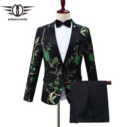 Black Gold Blue Red Green Floral Pattern Suit For Men Stylish Men Embroidered Suit 2 Piece Wedding Groom Tuxedo Costume Q135 X0909