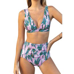 Floral Print Bikini Set High Waist Swimsuit Women Two Pieces Push Up Swimwear Women Bandeau Bathing Suits Beach Wear 210604