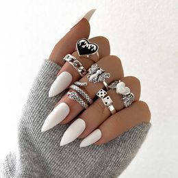 Aprilwell 6 PCs Gothic Silver Color Ring Set For Women Aesthetic Costume Retro Jewelry Anxiety Chunky Gadgets X0715