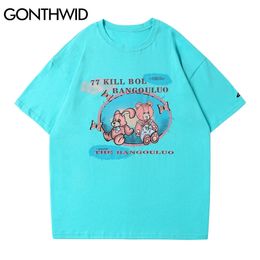 GONTHWID Tees Shirts Casual Harajuku Men Summer Rabbit Bear Butterfly Print Short Sleeve T-Shirts Streetwear Hip Hop Cotton Tops C0315