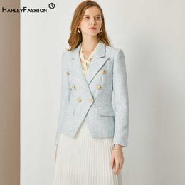 HarleyFashion Women Autumn Winter Warm Weave T Blazer Plaid Pattern High Quality Casual Slim FitnLight Blue Jackets X0721