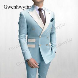 Gwenhwyfar Popular Sky blue Groom Wedding Suits Jacket Pants 2020 Early Autumn Wedding Party Tuxedos Men Wear Suits Peak Lapel X0909