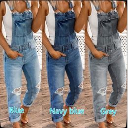 Women Denim Overalls Pants Ripped Washed Slim Jumpsuit Suspender Jeans With Holes Pocket On Chest Lady Long Pants