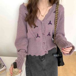 Three-Dimensional Flowers Women Autumn Button Front Crop Knitted Top V-neck Ribbed Knit Cardigans Soft Sweater 210529