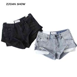 2 Colour Hight Street High Waist Roll Up Cuffs Short Denim s Ripped Pants Sexy Summer Wide Leg Jeans Women 211129