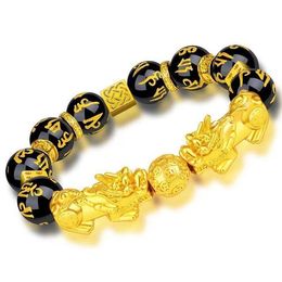 Wholesale price Fashion Feng Shui Stone Beads Strands Bracelet Men Women Unisex Pi Xiu Obsidian Wristband Gold Wealth