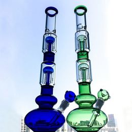 Unique Green Blue Hookahs Water Pipes 18mm Female Joint Glass Bong Double Layers 4 Arms Tree Perc Oil Dab Rigs Straight Neck Beaker Bongs With Bowl GB1218