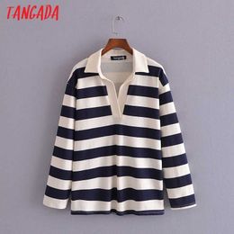 Tangada Women Striped Print T Shirt Turn Down Collar Long Sleeve Tees Ladies Casual Tee Shirt Street Wear Top 3H273 210609