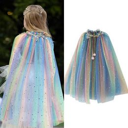 VOGUEON Girls Rainbow Sequins Cape Cloak Costume Drawstring Tulle Jasmine Sleeping Beauty Halloween Fancy Dress Up Mantle Q0716