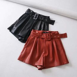 New Autumn Faux PU Leather Shorts Women Solid With Belt High Waisted Wide Leg Shorts Female Winter Fashion Ladies Bottoms 210301