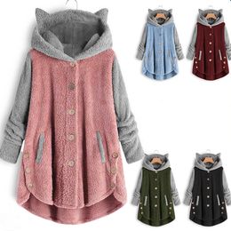 Oversize Hoodies Winter Warm Women Patchwork Hoodies Button Tops Kawaii Cat Ears Pullover Sweatshirt Fleece Hoodie Streetwear