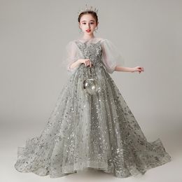 Girl's Dresses Lace Sequin Tail Dress Girl Elegant Wedding Bridesmaid Kids Birthday Prom Formal Evening Children Communion Clothing