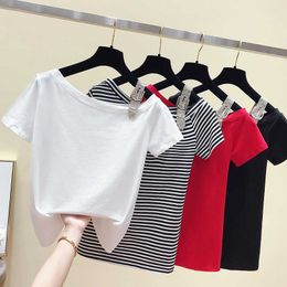 T-Shirt Women Summer Korean Style Slash Neck T shirt Short Sleeve Hollow Out Cotton Tops Tee Shirt Women Clothes 210604