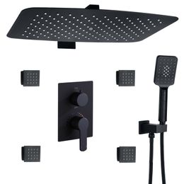 Matte Black Shower Faucet Set 55X35 CM Bathroom Hot And Cold Rainfall With Three-Function Hand Shower