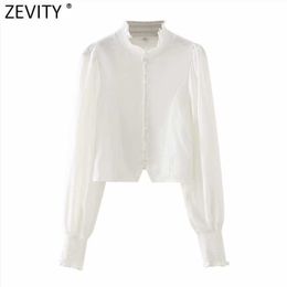 Zevity Women Elastic Ruffled Collar Pearl Buttons White Short Shirt Female Lantern Sleeve Court Blouse Roupas Chic Tops LS7601 210603