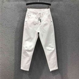 Spring Summer Women Cotton Denim Pants Plus Size Elastic Waist Loose Harem Female Casual Ankle-length White Jeans D317 210720