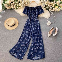 Chic Sweet Fungus Edge Jumpsuits Women Fashion Holiday Slash Neck Floral Print Wide Leg Overalls Q546 210527