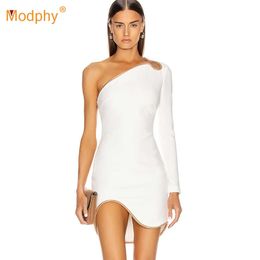 Autumn Women's Sexy White One Shoulder Long Sleeve Bodycon Bandage Dress Celebrity Runway Evening Party Vestidos 210527