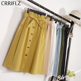 CRRIFLZ Summer Autumn Skirts Womens Midi Knee Length Korean Elegant Button High Waist Skirt Female Pleated School Skirt 210310