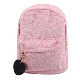 Winter Soft Women Large Cute Solid Faux Fur Backpack Heart Pendant Winter Soft Women's Big Plush Backpack Pink Black White Y1105