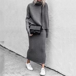 Knitted Two Piece Set Women Pullovers Turtleneck Loose Sweater+Long Skirts Bodycon Outfits for Woman Office Lady Suits 220302