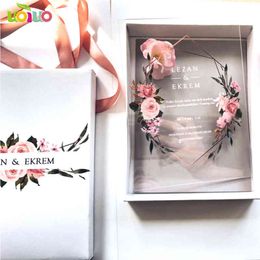 High quality UV Printing Eco-Friendly inks custom flower printing acrylic card wedding invitation Transparent with printed box H1231