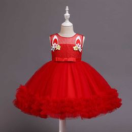 Girl Red Lace Dress Unicorn Cartoon Party Gown for Xmas Children Lovely Ruffles Princess Clothing Outfit 210529