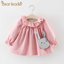 Bear Leader Girl Autumn Solid Clothes Baby Girls Pure Cotton Butterfly Sweet Dresses 2Pcs Princess Dress with Rabbit Shape Bag 210708