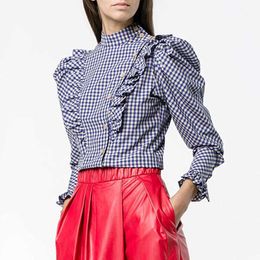 Fall Trend Plaid Vintage Elegance Plus Size Button Shirts Long Sleeve Ruffles Retro Blouse Blusa Tops for Women 3XL XL 210527