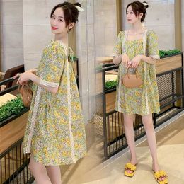 7077# 2021 Summer Chic Ins Floral Printed Chiffon Maternity Dress Large Size Loose Clothes for Pregnant Women Love Hot Pregnancy X0902
