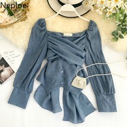 Neploe Shirt Female Design V Neck Cross Tie Blusas Slim Waist Irregular Ins Blouse Women Autumn Spring Ins Slim Fit Top New47248 210225